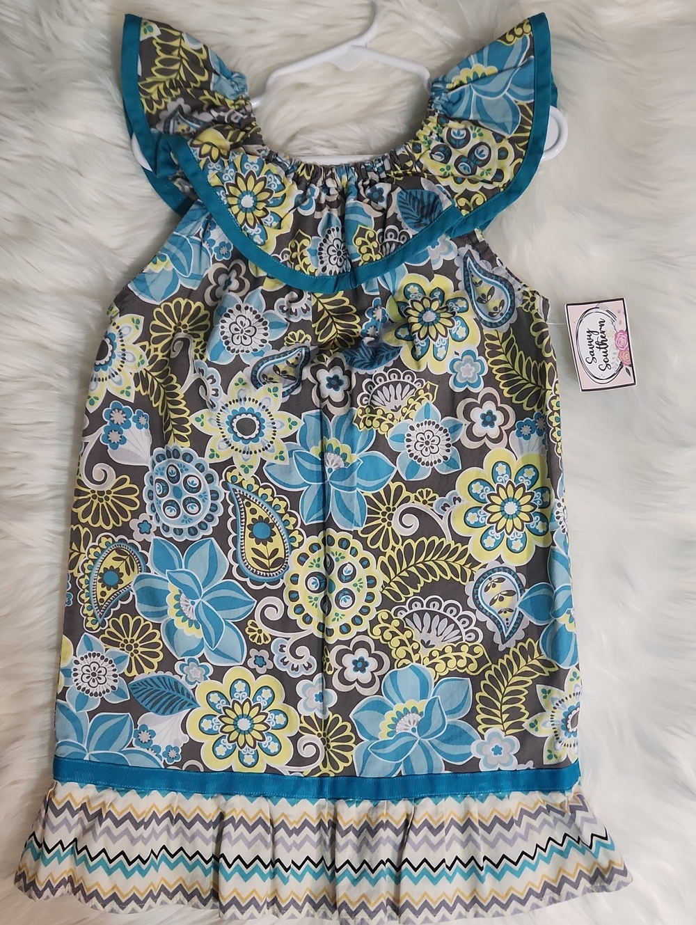 Floral Ruffle Neck Summer Dress - Teal, Yellow, Gray - Girls Size 6